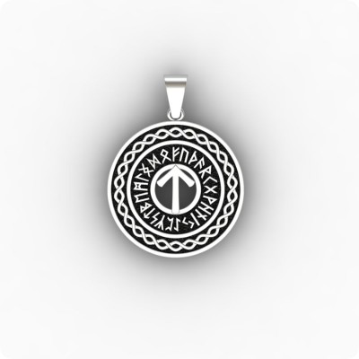 Руна Тейваз (Тюр) из серебра в руническом круге Старшего Футарка