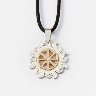 Оберег Коловрат в Солнышке с камнем (серебро с золотом)